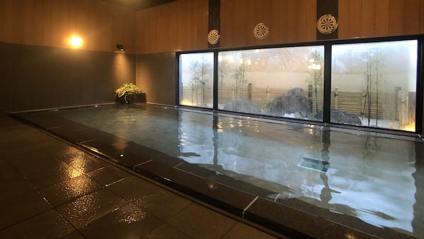 A large indoor swimming pool with a view of a rocky landscape through large windows.