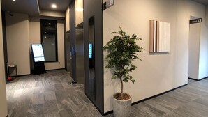 A modern hallway with a potted plant, a digital information board, and a wall-mounted artwork.