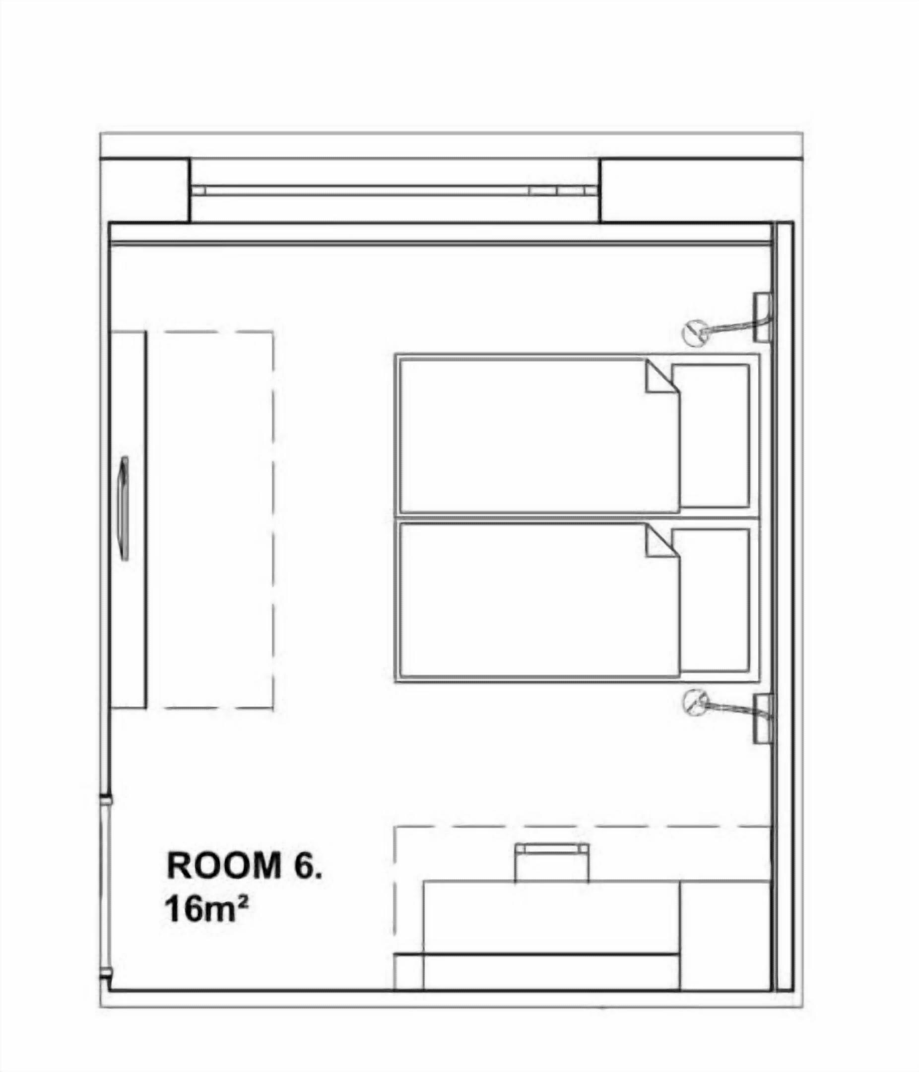 Plan de la chambre 6, d’une superficie de 16 m², comprenant un grand espace central, une porte sur le côté gauche et un petit coin cuisine.