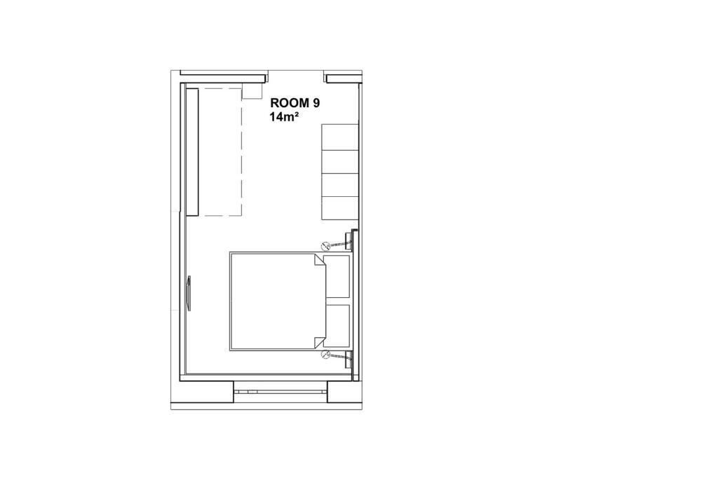 A floor plan of ROOM 9, which is 14m². It includes a large central area with a smaller room adjacent to it.