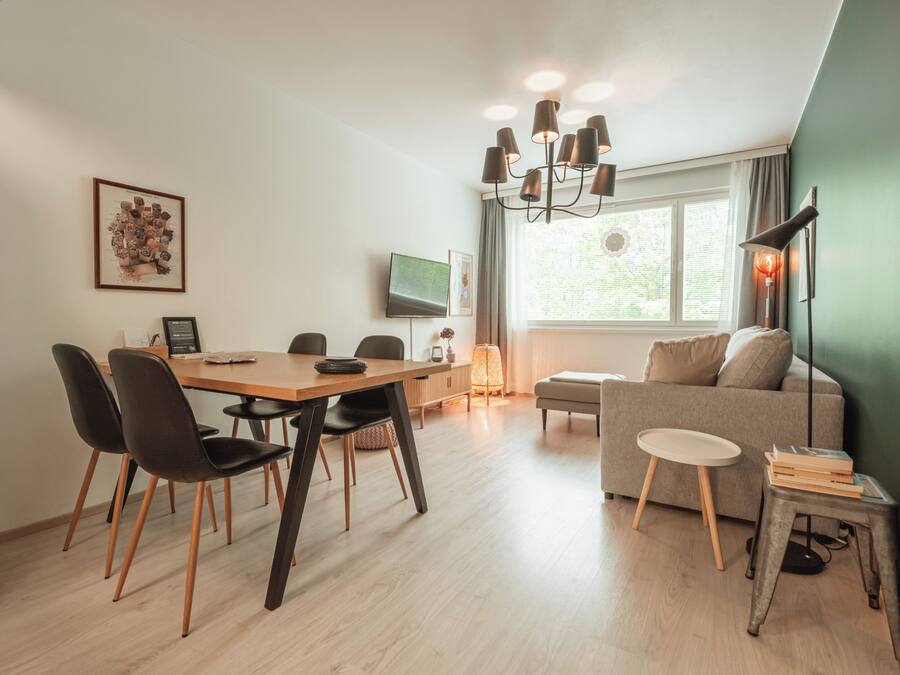 A modern living room with a dining area, a sofa, a TV, and a chandelier.