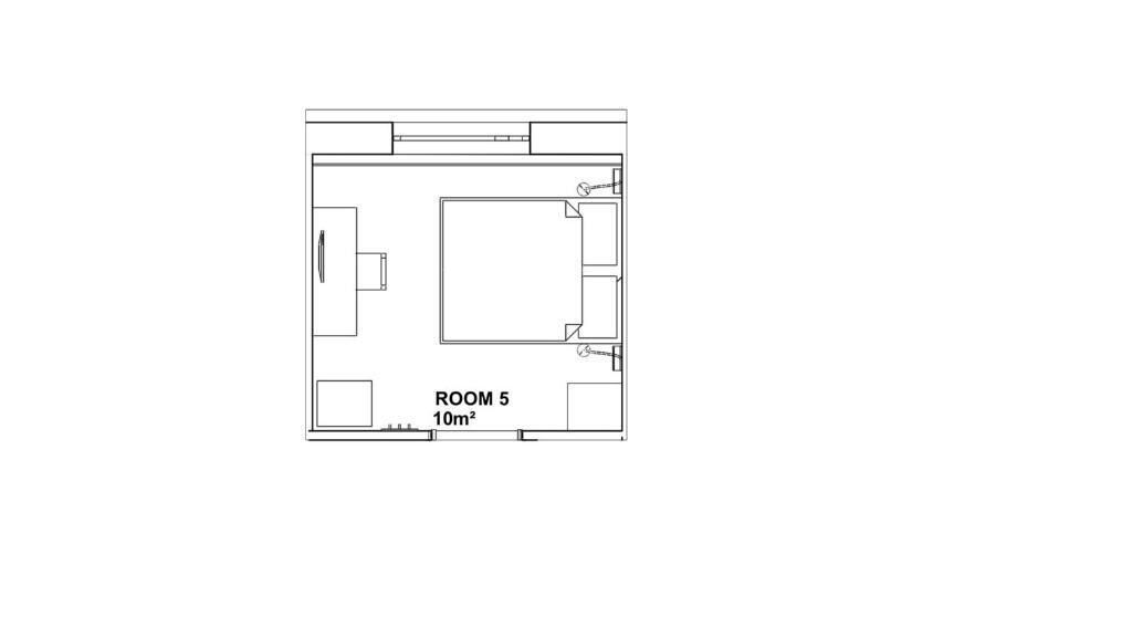 Plano de un cuarto de hotel con la INDICACIÓN ROOM 5 etiquetado como 10m².
