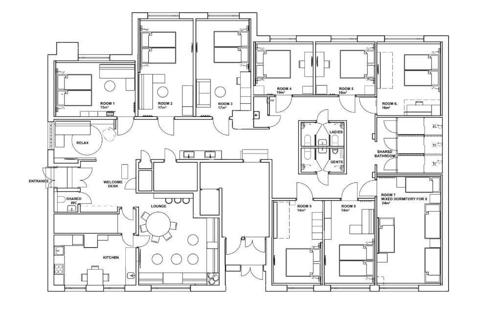 Een plattegrond van een hotel met 9 kamers, een lounge, keuken, gedeelde badkamer en een receptie.