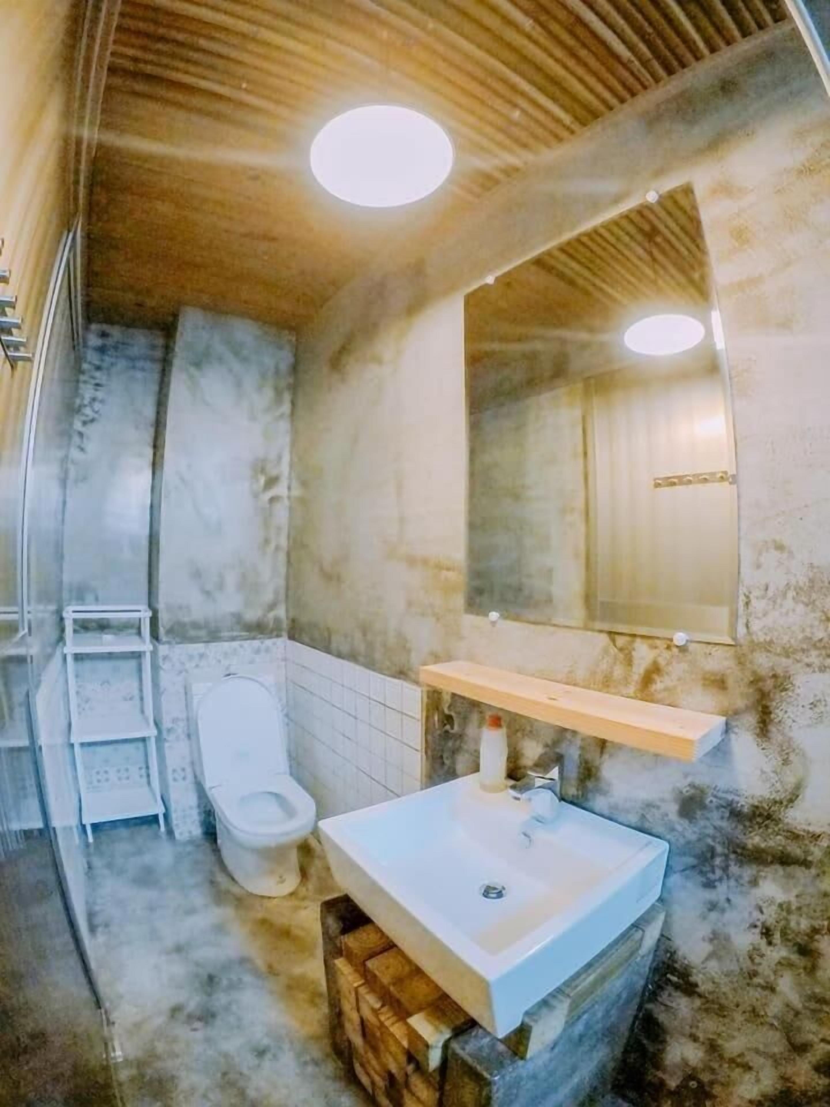 Kylpyhuone, jossa on wc, pesuallas, peili ja puinen hylly.