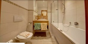 A modern bathroom with a toilet, sink, and shower. - Wellness Hotel Talblick (Schoemberg)