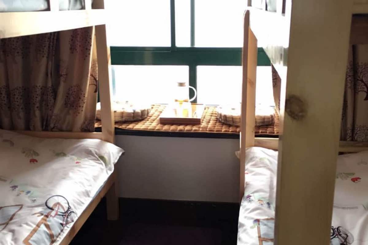 A small, compact room with two bunk beds, a window with a view, and a purple mat on the floor.