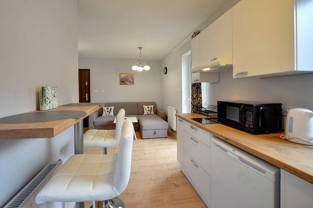 Fridge, microwave, stovetop, electric kettle