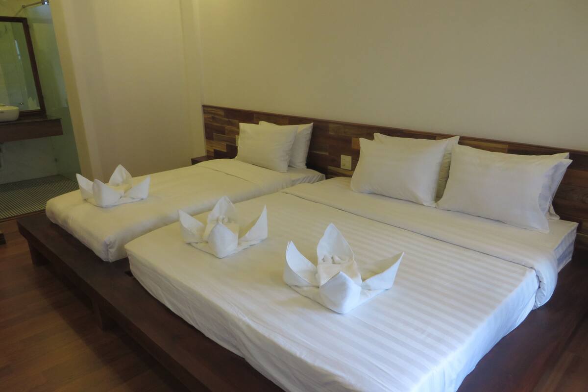 A hotel room with two beds, each with white linens and pillows, and a wooden headboard.