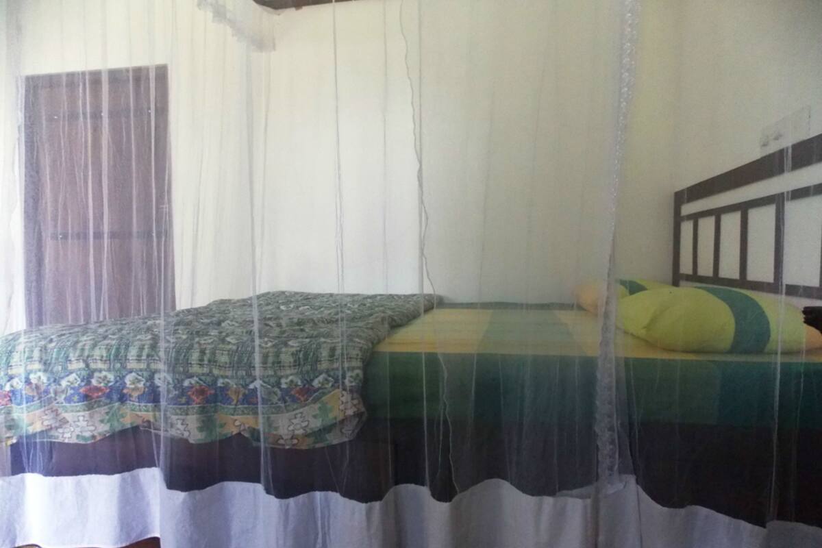 A single bed with a patterned bedspread, a mosquito net, and a pillow.