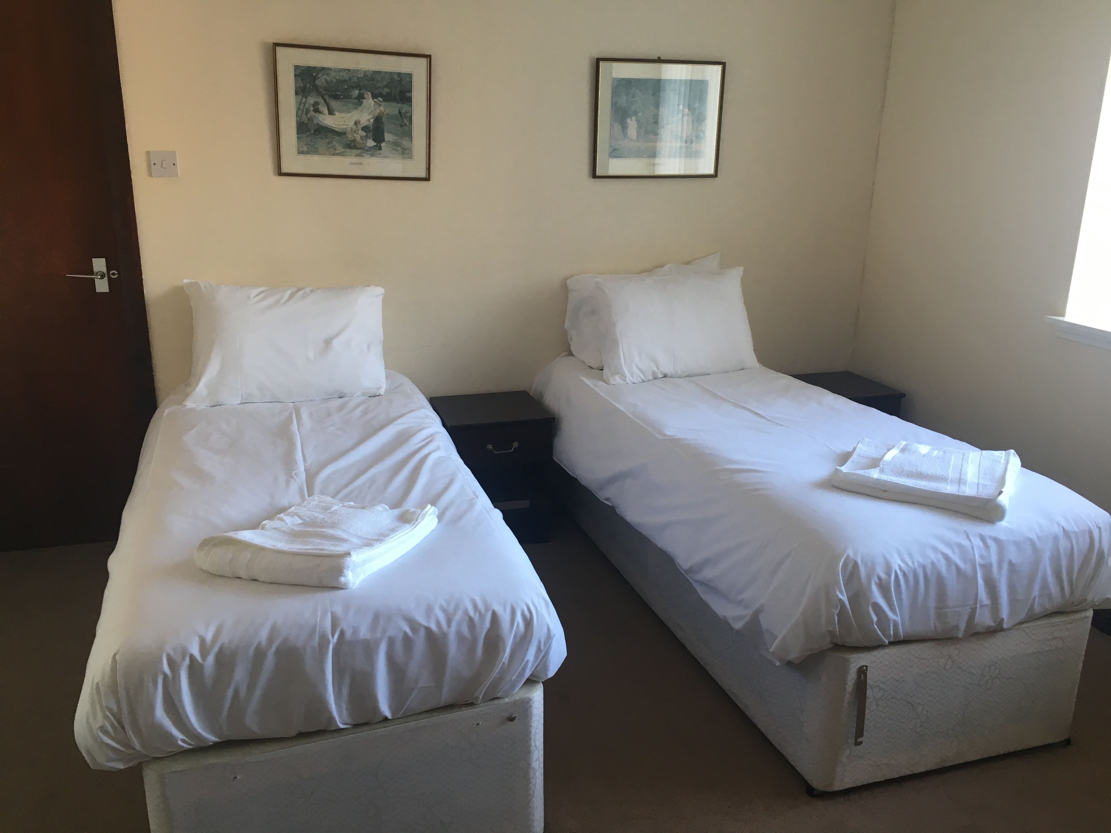 Two single beds with white linens and pillows, a small bedside table, and a framed picture on the wall.
