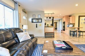 Smart TV, fireplace, video games, DVD player