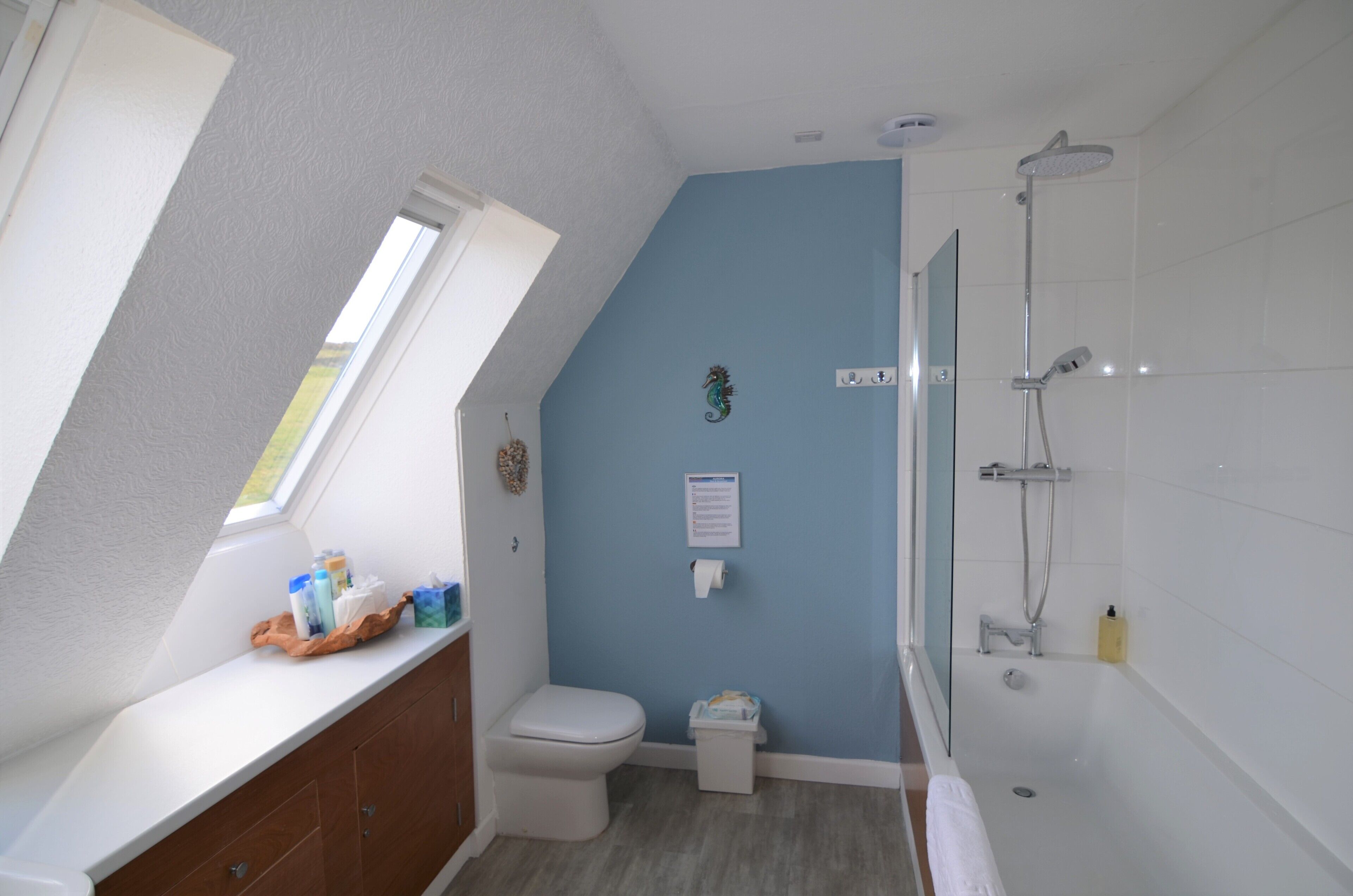 Une salle de bain avec un puits de lumière, des toilettes, une douche et un meuble-lavabo avec des articles de toilette.