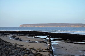 A rocky beach with a large cliff in the background. - Aurora B&B (Thurso)