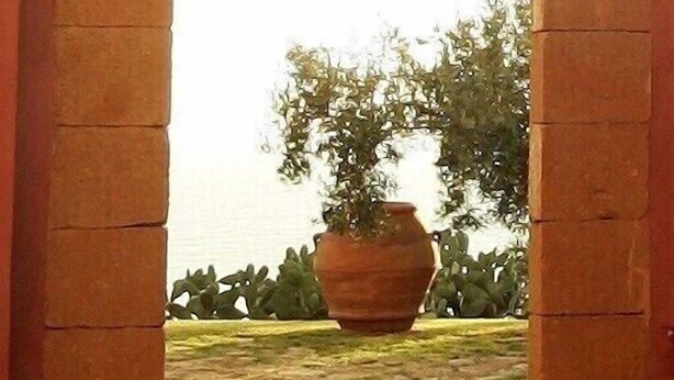 An archway with a large terracotta pot in the center, surrounded by greenery. - CasaRealia (Agrigento)