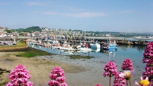 Um porto com barcos atracados, uma praia arenosa e flores cor-de-rosa em primeiro plano.