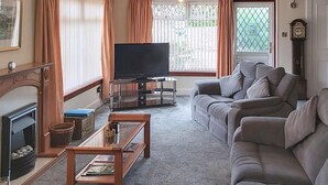 Een woonkamer met een open haard, een televisie, een bank en een salontafel.