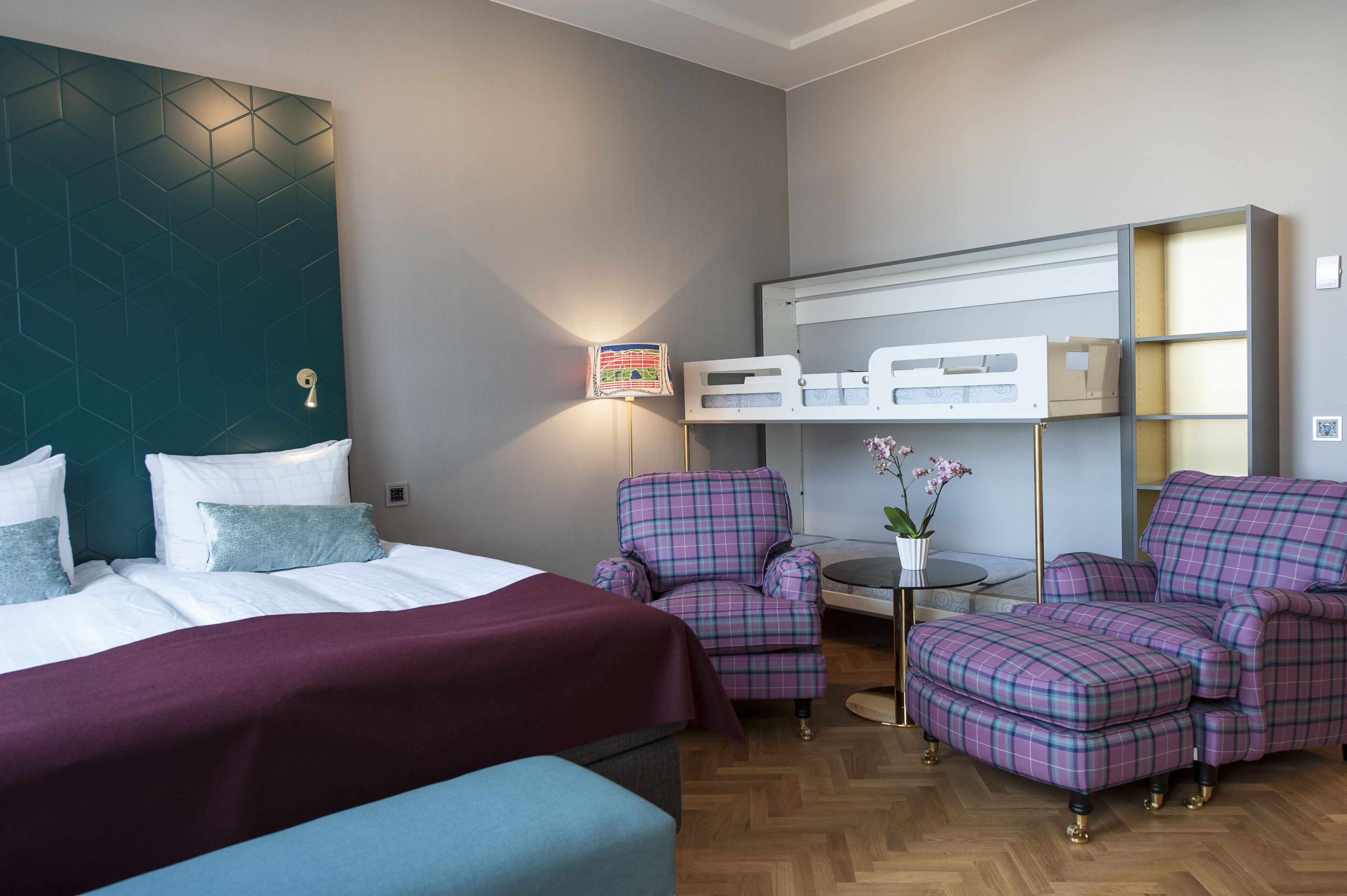 family studio apartment | desk, laptop workspace, blackout curtains, soundproofing