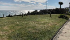 A grassy area with a bench, a fence, and a palm tree. - 3 bedroom accommodation in Downderry, near Looe (Downderry, near Looe)