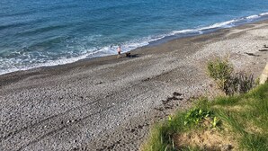A pebbly beach with a person and a dog walking along the shore, overlooking the sea. - 3 bedroom accommodation in Downderry, near Looe (Downderry, near Looe)
