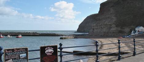 A coastal scene with a signboard advertising 'Real Staithes' fishing and leisure trips, a rocky cliff, and boats in the water.