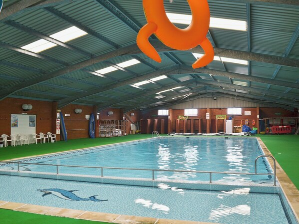 Piscina interna com mosaico de golfinho, rodeada por piso verde e estrutura de telhado metálica.