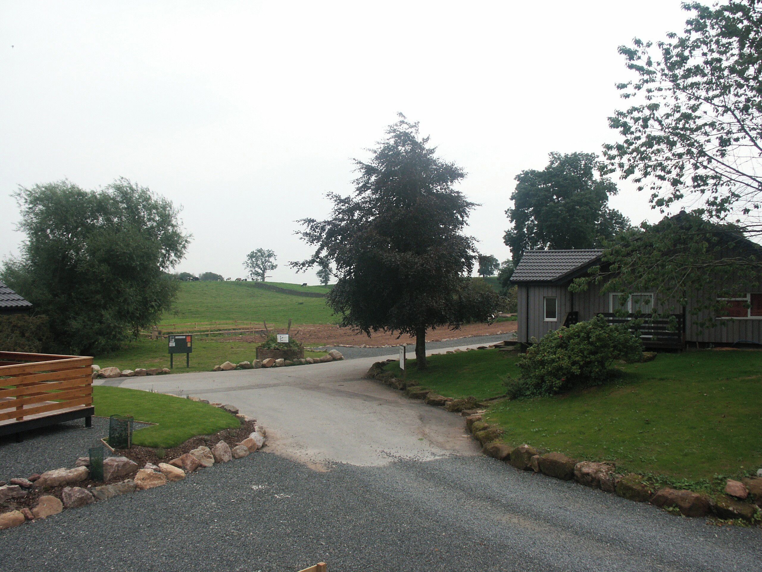 A rural setting with a gravel driveway leading to a wooden cabin.