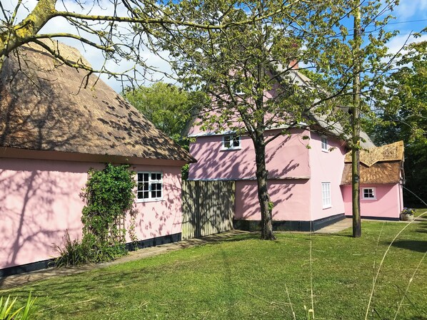 A pink house with a thatched roof, a tree in the foreground, and a clear sky.