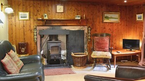 A cozy living room with a fireplace, leather furniture, a television, and wooden walls.