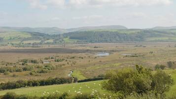 A panoramic view of a rural landscape with rolling hills, a river, and scattered sheep grazing.