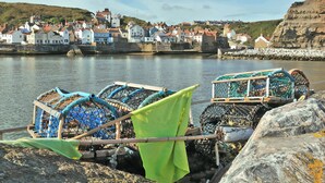 A coastal town with houses by the water, fishing nets, and a rocky shore. - 2 bedroom accommodation in Staithes, near Whitby (Staithes, near Whitby)