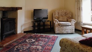 A living room with a television, a floral armchair, a wooden cabinet, and a patterned rug. - Honeysuckle Cottage - 29938 (Longdown, near Exeter)