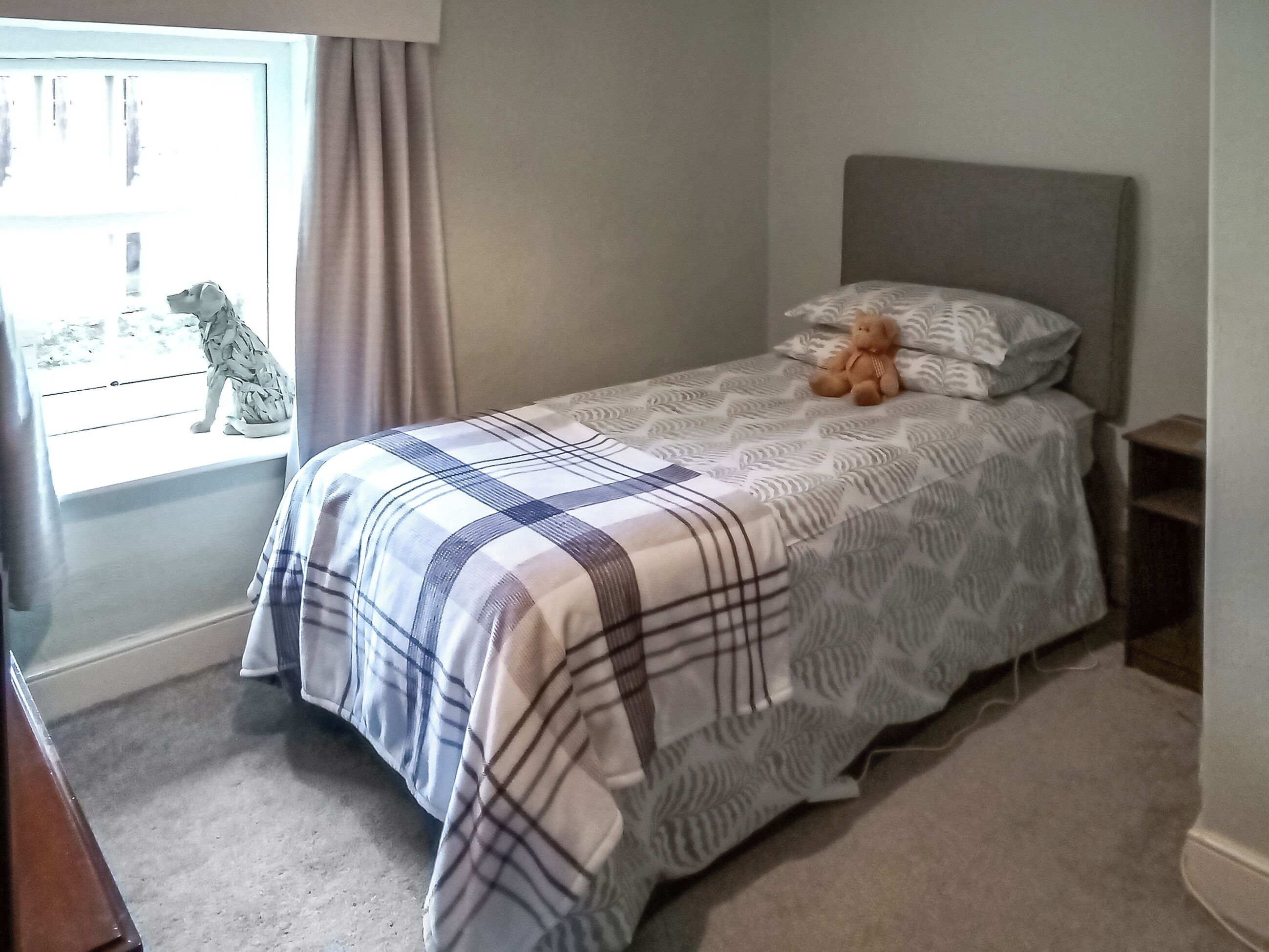 A bedroom with a bed, a nightstand, a window with a view of a dog outside, and a door.