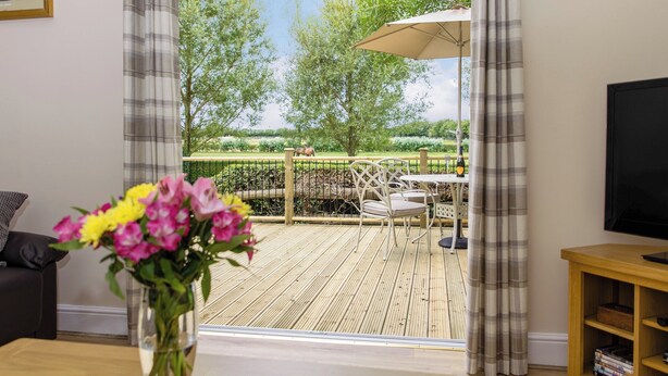 A room with a wooden deck, a table with a vase of flowers, a TV on a wooden stand, and a view of a green landscape with trees and a fence.