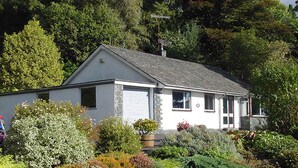 Ein zweistöckiges Haus mit Stein Fundament, grauem Dach und einem Garten mit verschiedenen Pflanzen und Sträuchern.