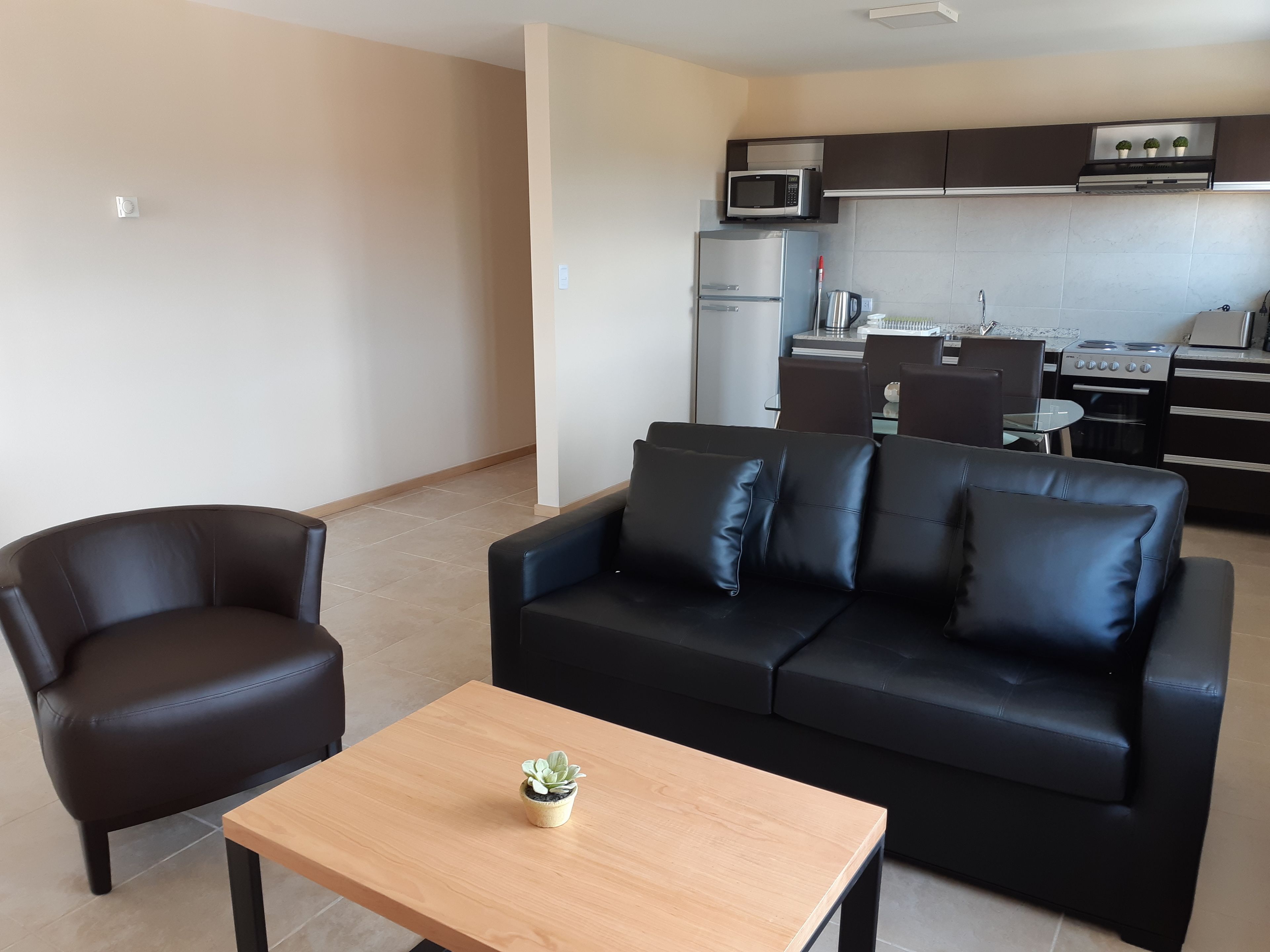 A modern living room with a black leather sofa, a wooden coffee table with a plant, and a kitchen in the background featuring a microwave, refrigerator, and stove.