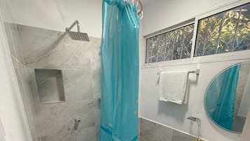 Shower, towels, soap, toilet paper