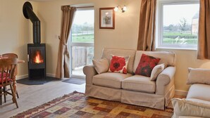 A living room with a sofa, a wooden chair, a patterned rug, a fireplace, and a view through a window. - 4 bedroom accommodation in Rye Foreign, Rye (Rye Foreign, Rye)