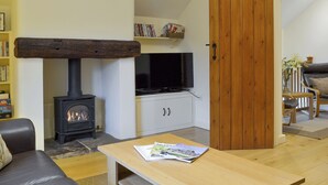 Een woonkamer met een open haard, televisie, houten deur en een bank.