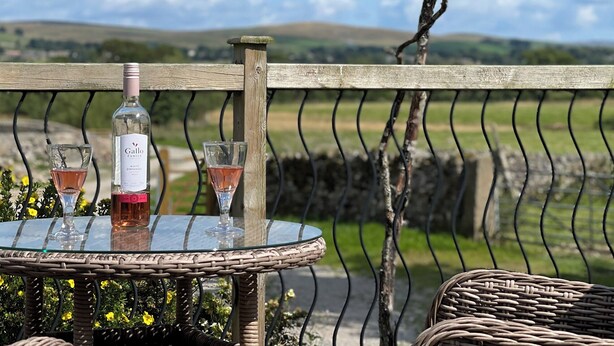 Une table en verre sur laquelle sont posés une bouteille de vin blanc Gallo Family White Zinfandel et deux verres à vin, le tout placé sur une chaise en osier à l’extérieur, avec vue sur un vignoble et un abreuvoir à oiseaux en arrière-plan.
