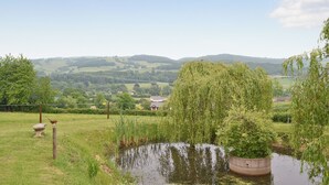 Een landelijk landschap met een vijver, bomen en heuvels in de verte.