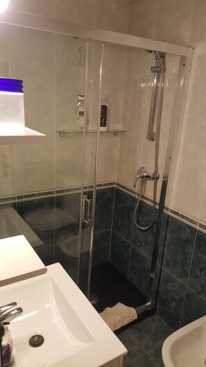Hair dryer, towels, soap, shampoo