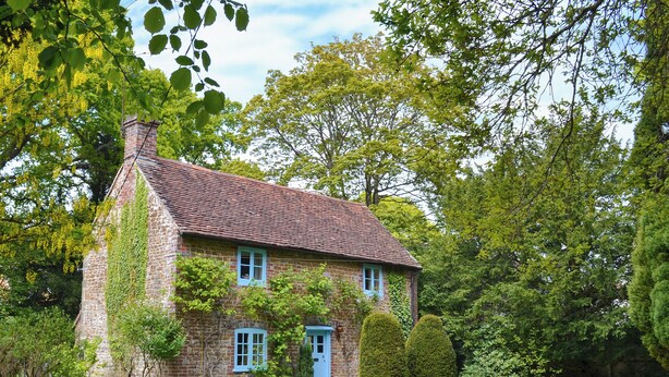 A stone house with a tiled roof, a blue door, and a garden with various plants and flowers. - 3 bedroom accommodation in Passfield Common, near Liphook (Passfield Common, near Liphook)
