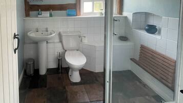 A bathroom with a toilet, sink, and shower.