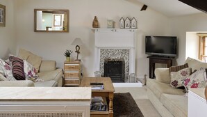 Ein Wohnzimmer mit Kamin, Fernseher und zwei Sofas.