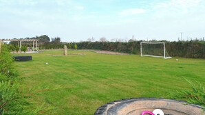 A grassy field with a soccer goal, a stone structure, and a tire swing.