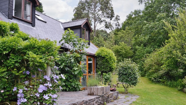 Une maison avec un chemin de pierre menant à une porte en bois, entourée d’une végétation luxuriante et de plantes en fleurs.