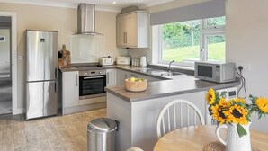 A modern kitchen with stainless steel appliances, a built-in oven, and a large window. - 2 bedroom accommodation in Port Isaac (Port Isaac)