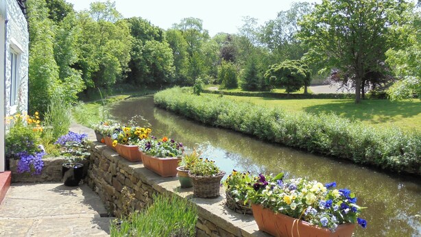 Un sentiero in pietra conduce a un canale, con vasi di fiori e vegetazione lussureggiante.