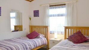 A bedroom with two single beds, a nightstand, a mirror, and a window with curtains.