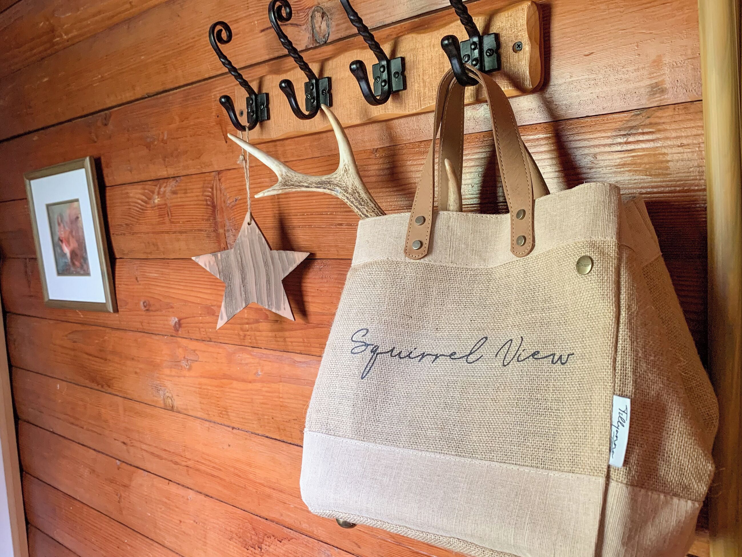 A wooden wall with a rustic star decoration and a beige canvas bag labeled "Squiggle View" hanging on a wooden rack.